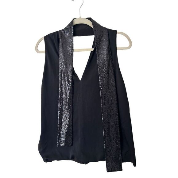 Galvan London Black Soft Crepe V-Neck Sequin Scarf Sleeveless Cortado Top Size 8 - Picture 7 of 14
